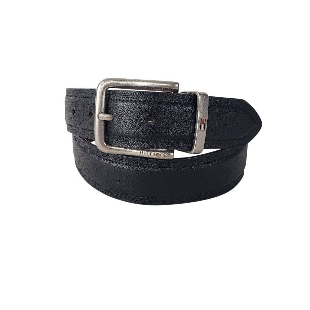 Tommy Hilfiger Reversible Belt Black Brown Brushed Nickel Synthetic Mens 30-32